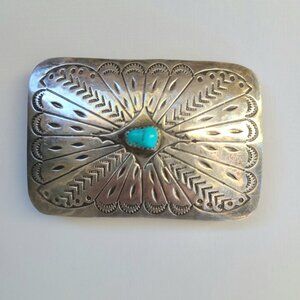3"x2" Native American Navajo Sterling Silver Turquoise Hand Stamped Belt Buckle